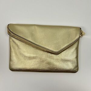 Henri Bendel Gold Lizard Embossed Leather Foldover Clutch